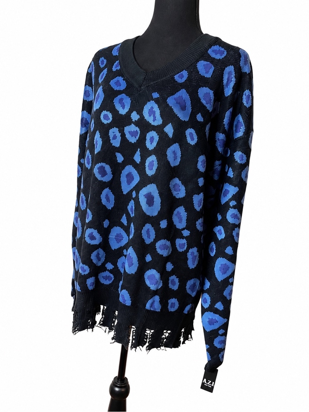 A.Z.I New York Leopard Print Distressed Hem Sweater Women’s Sz L Knit Pullover